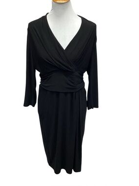 Chaps Black Knit Ruched Faux Wrap Dress Size L